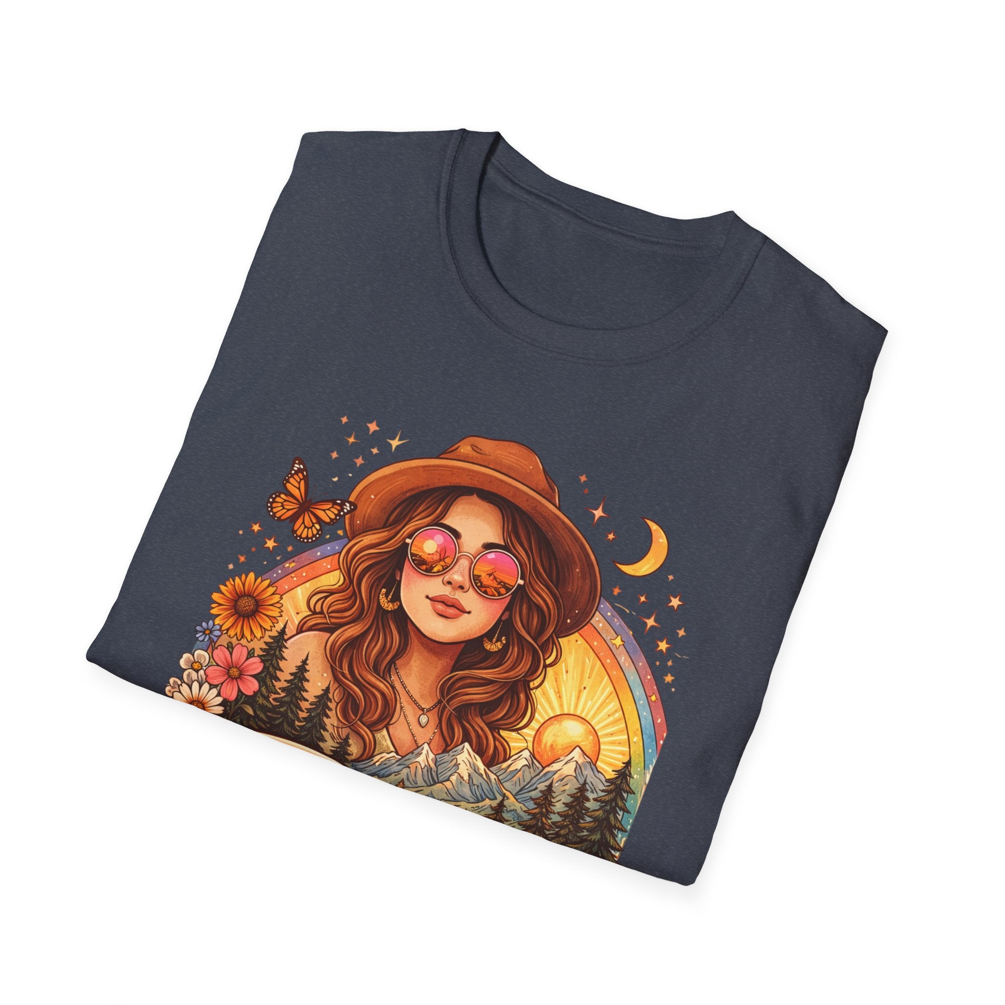 Boho Camper Girl T-Shirt | Retro Van, Campfire, Floral Sunset