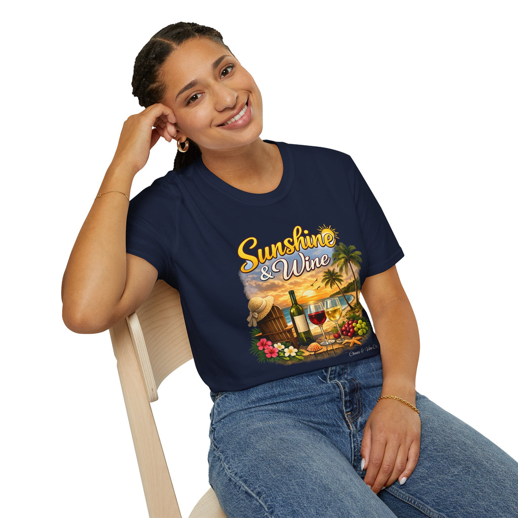 Unisex Sunshine & Wine T-Shirt | Tropical Beach, Palm Trees, Wine Glasses