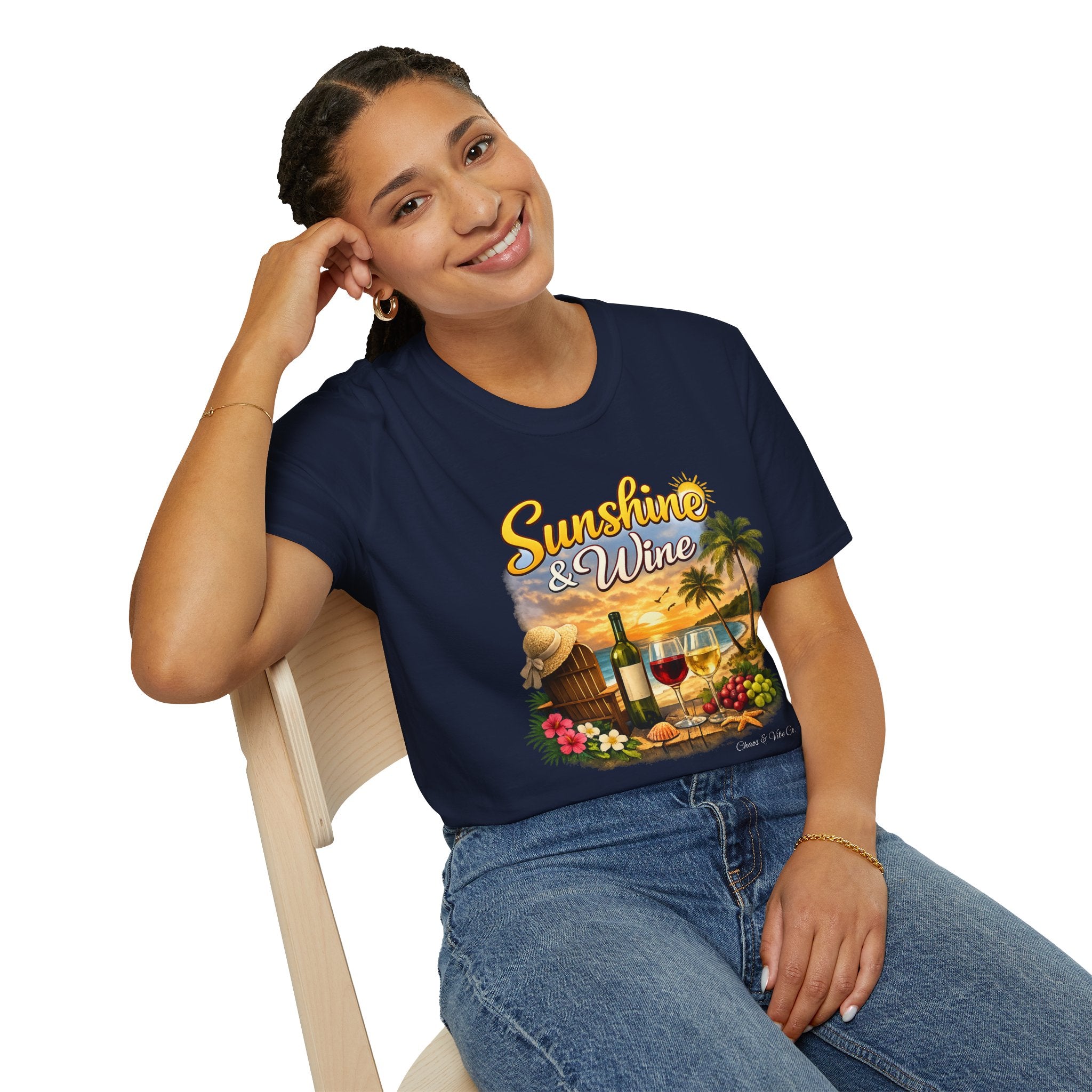 Unisex Sunshine & Wine T-Shirt | Tropical Beach, Palm Trees, Wine Glasses