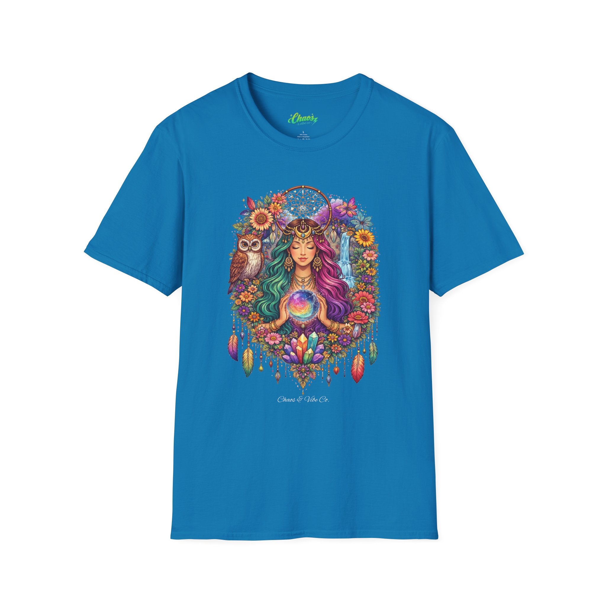 Goddess with Crystal Ball T-Shirt | Boho Mystic Woman, Owl, Dreamcatcher