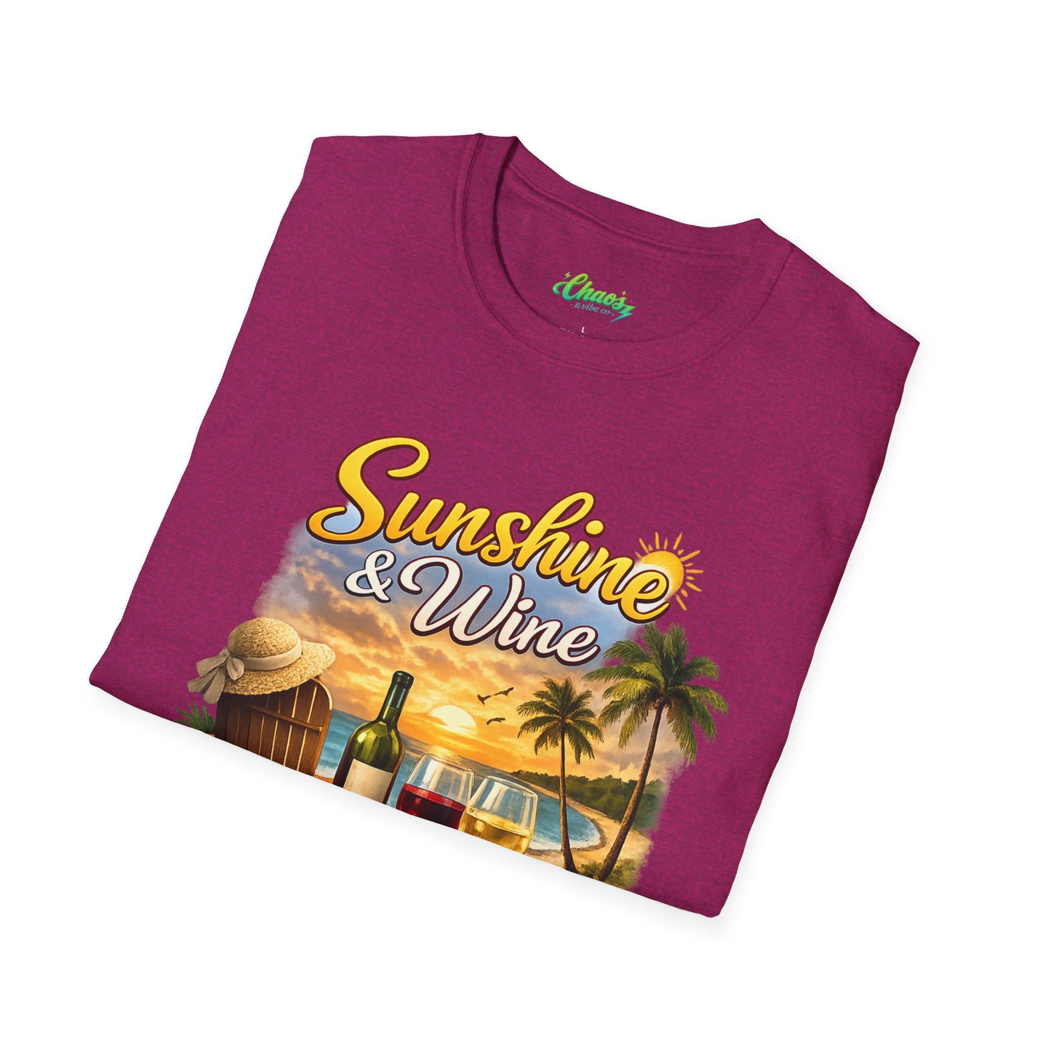 Unisex Sunshine & Wine T-Shirt | Tropical Beach, Palm Trees, Wine Glasses
