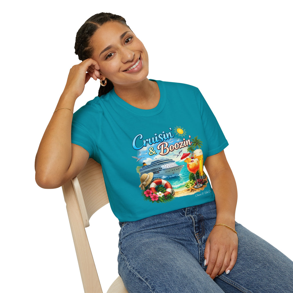 Unisex Cruisin' & Boozin' cruise ship beach cocktails T-Shirt | Tropical vacation tee
