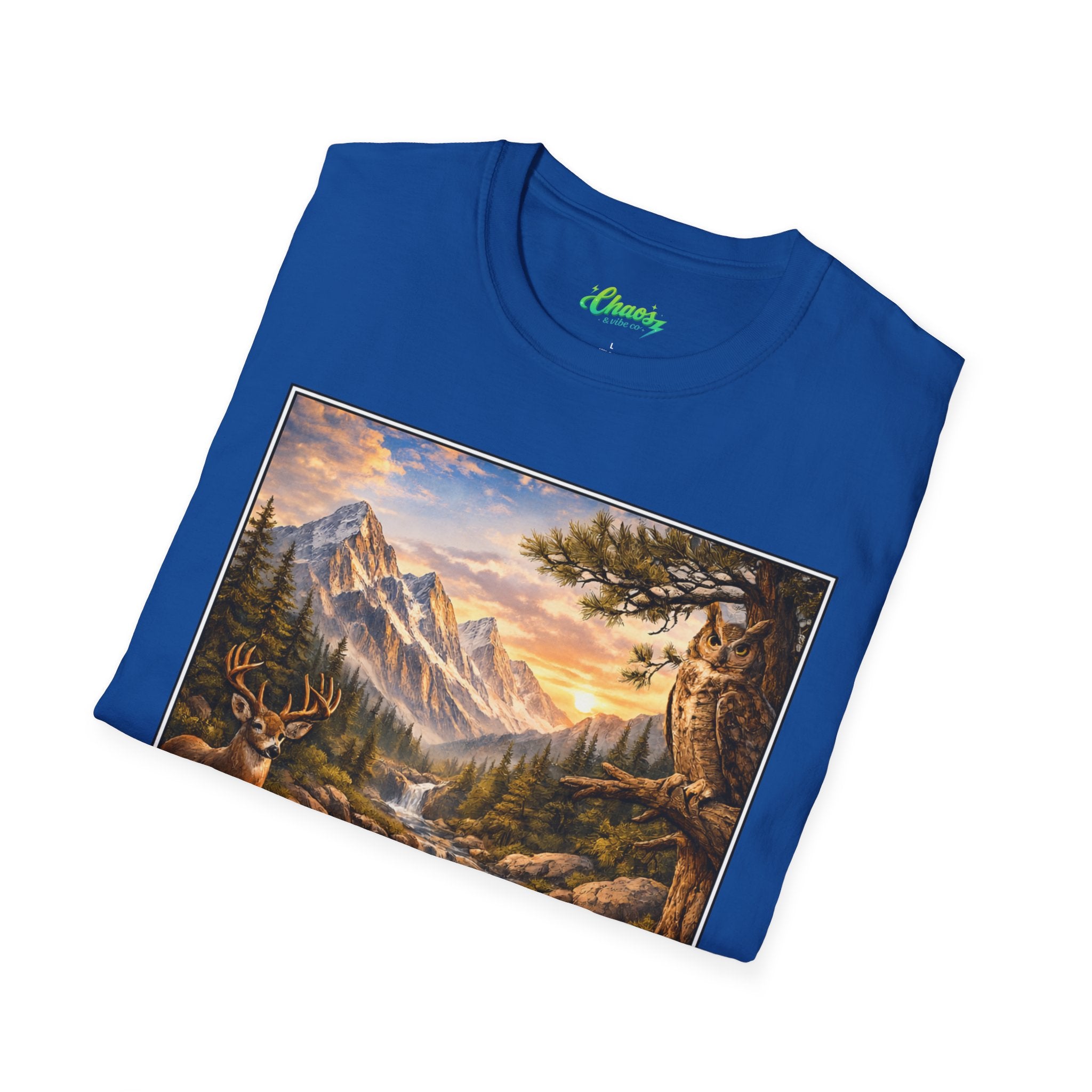 Unisex Softstyle T-Shirt mountain creek nature theme with deer and owl