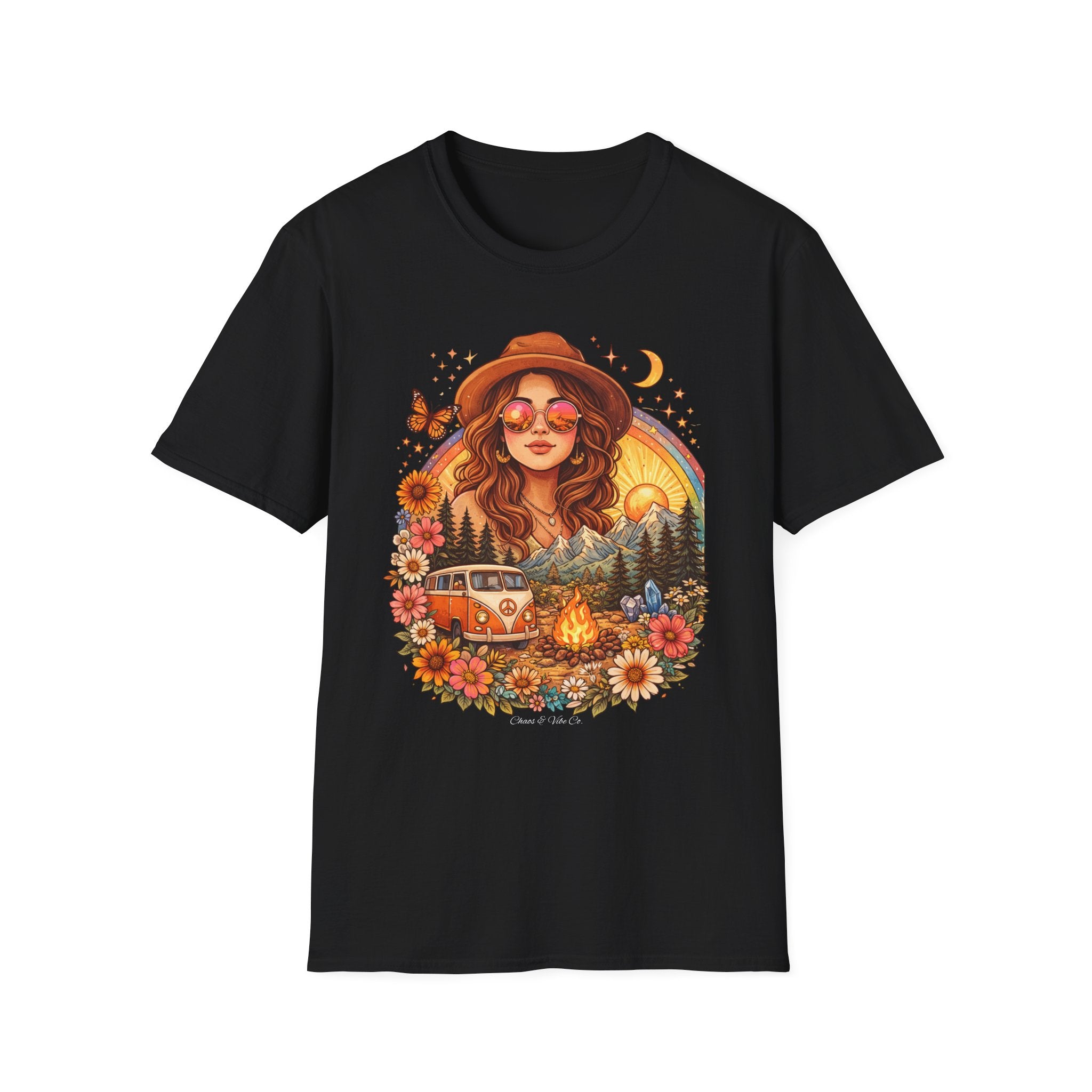 Boho Camper Girl T-Shirt | Retro Van, Campfire, Floral Sunset