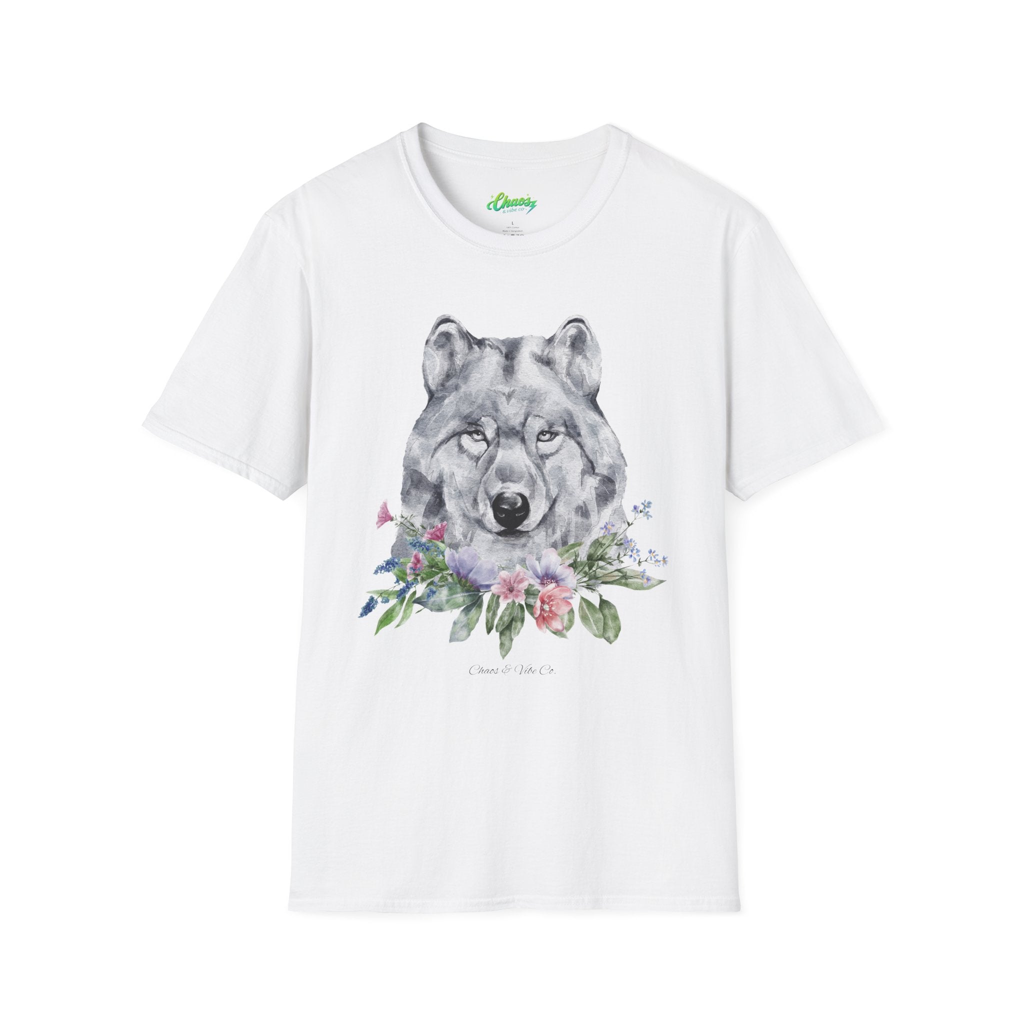 Unisex Wolf Floral T-Shirt — Watercolor Wolf Head with Flowers