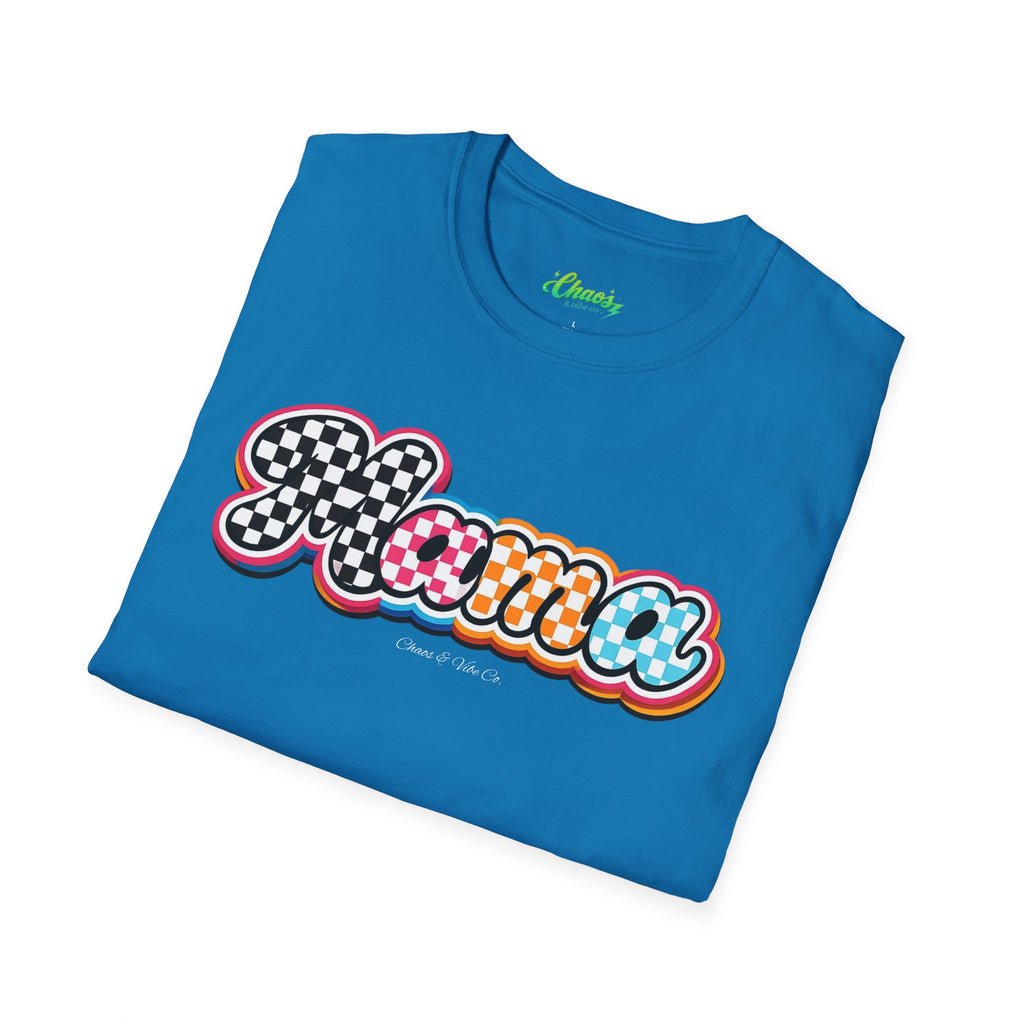Mama Script Logo T-Shirt | Retro Checkerboard, Rainbow Bubble Letters