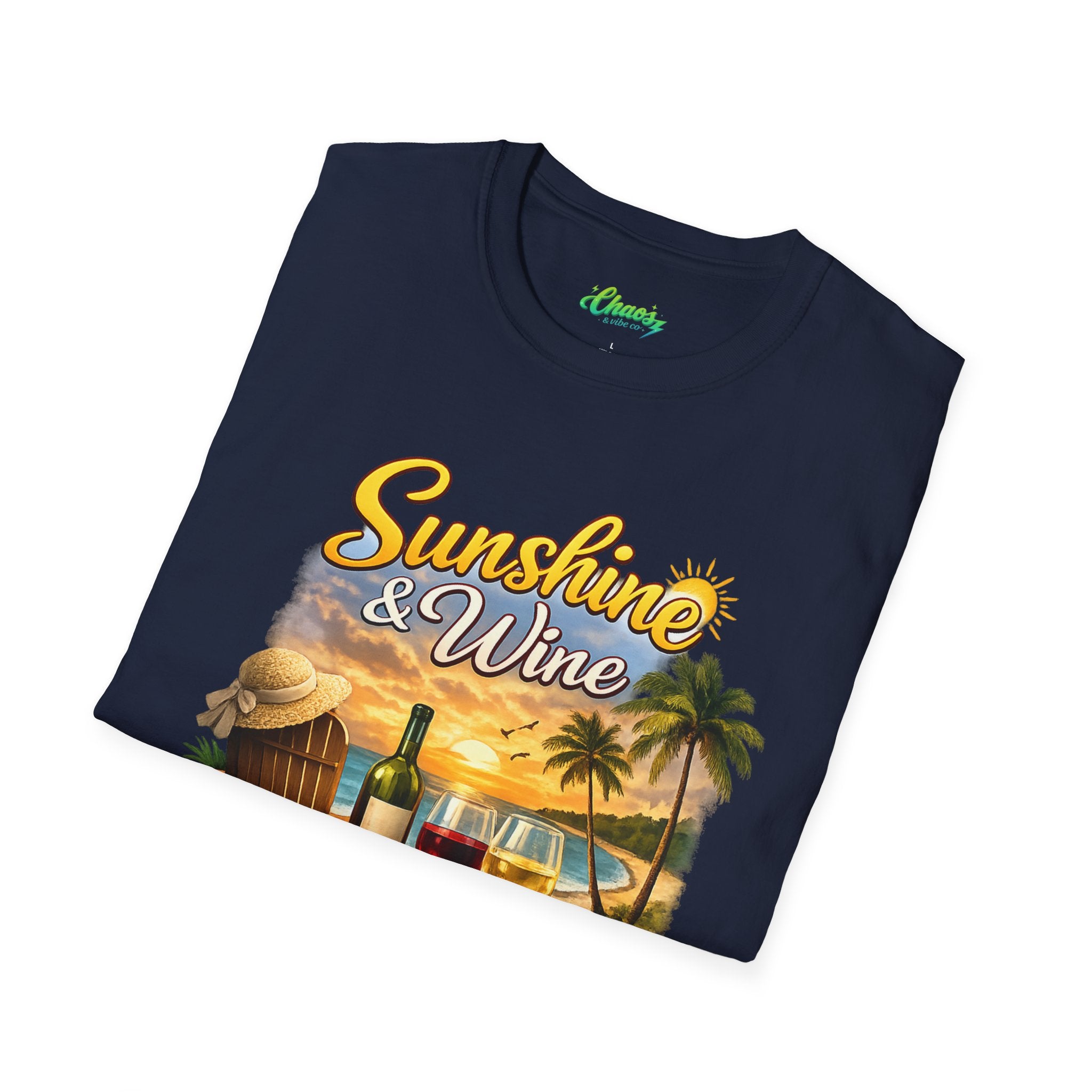 Unisex Sunshine & Wine T-Shirt | Tropical Beach, Palm Trees, Wine Glasses