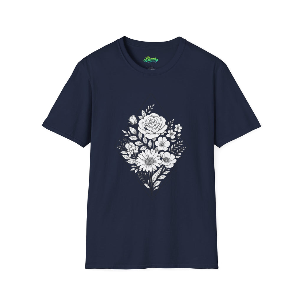 Unisex Floral Diamond Line Art T-Shirt — Botanical Sketch Graphic Tee
