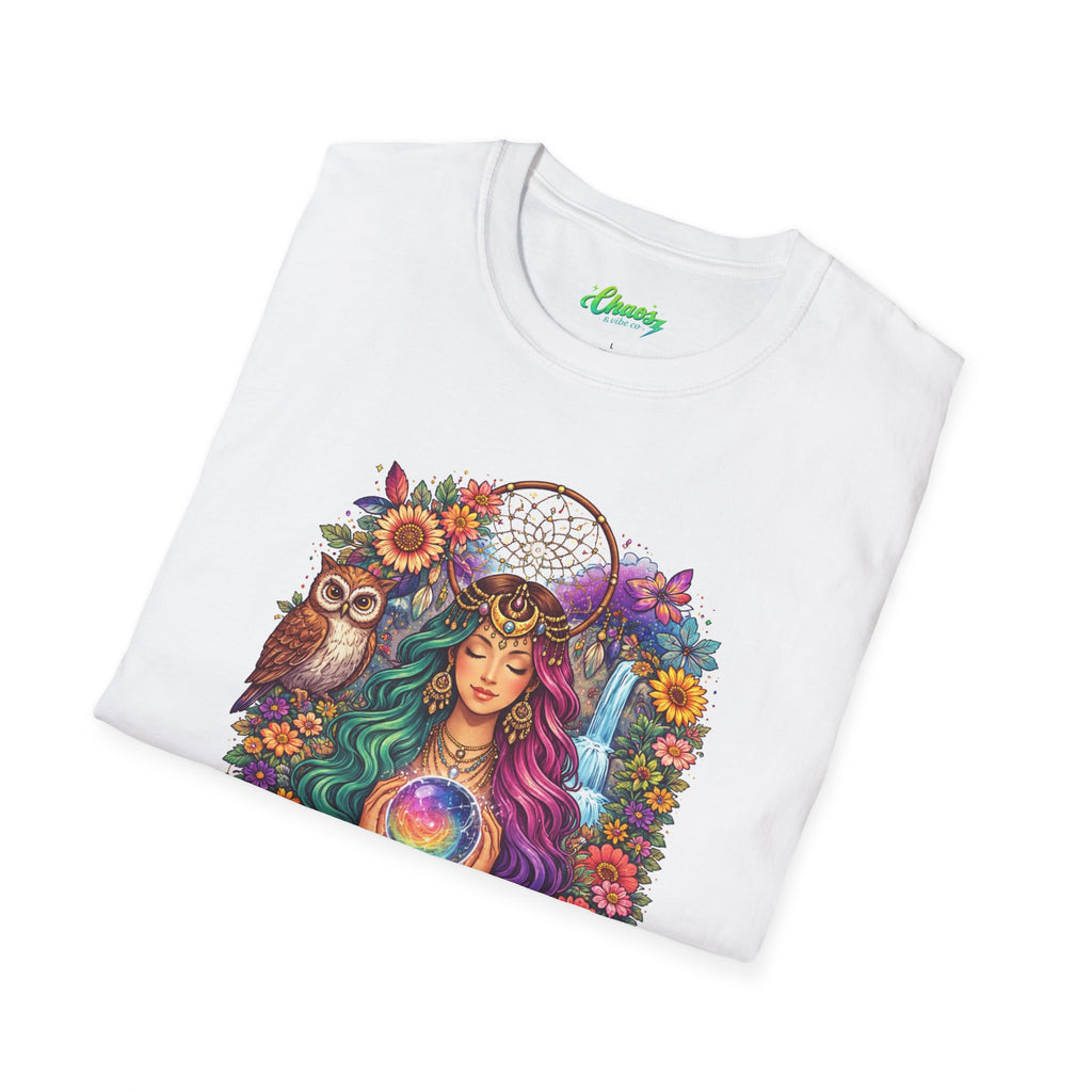 Goddess with Crystal Ball T-Shirt | Boho Mystic Woman, Owl, Dreamcatcher