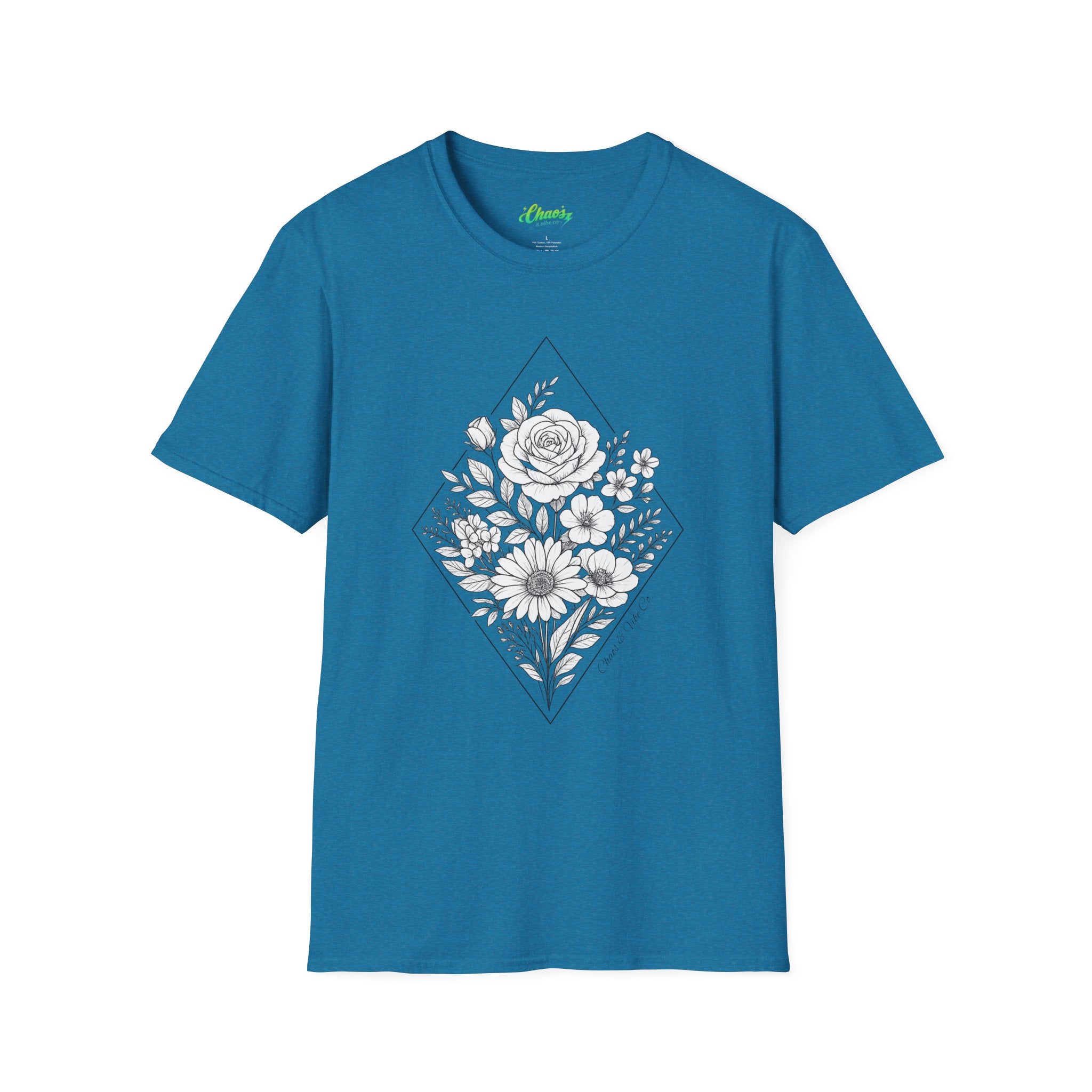 Unisex Floral Diamond Line Art T-Shirt — Botanical Sketch Graphic Tee