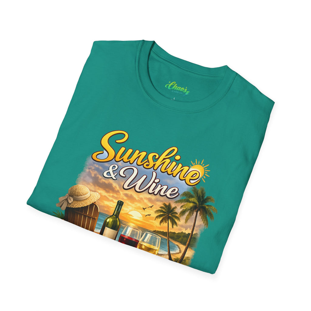Unisex Sunshine & Wine T-Shirt | Tropical Beach, Palm Trees, Wine Glasses