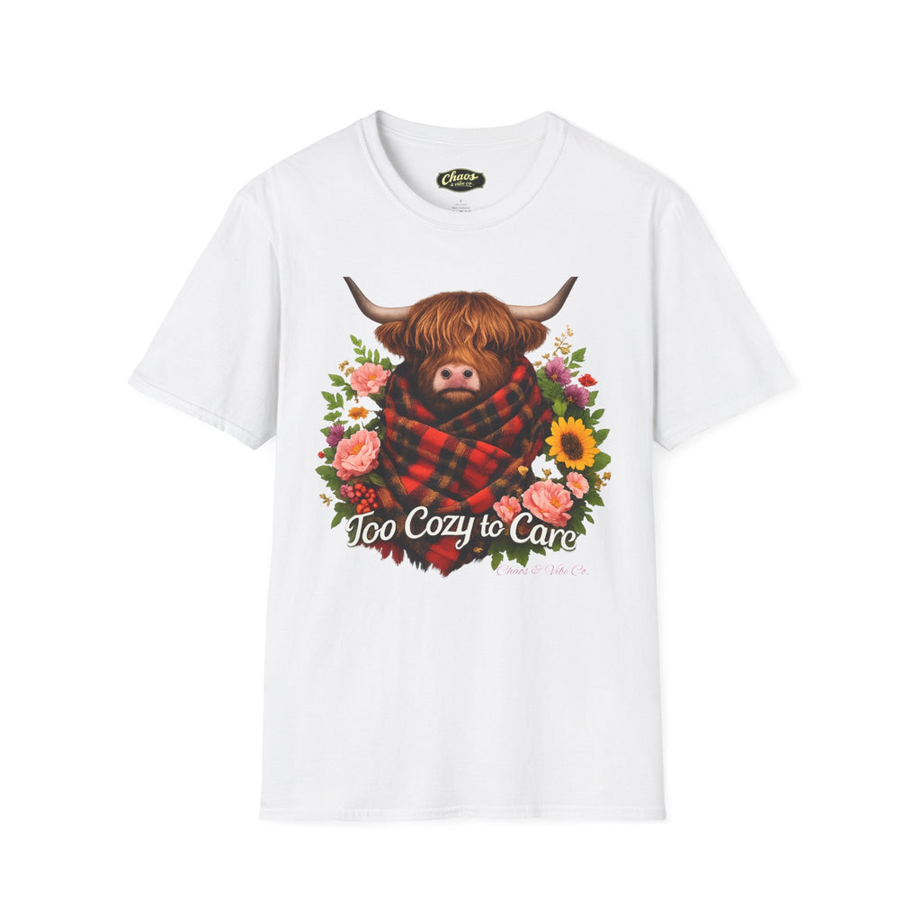 Cozy Highland Cow Too Cozy to Care T-Shirt | Plaid Scarf Floral Design