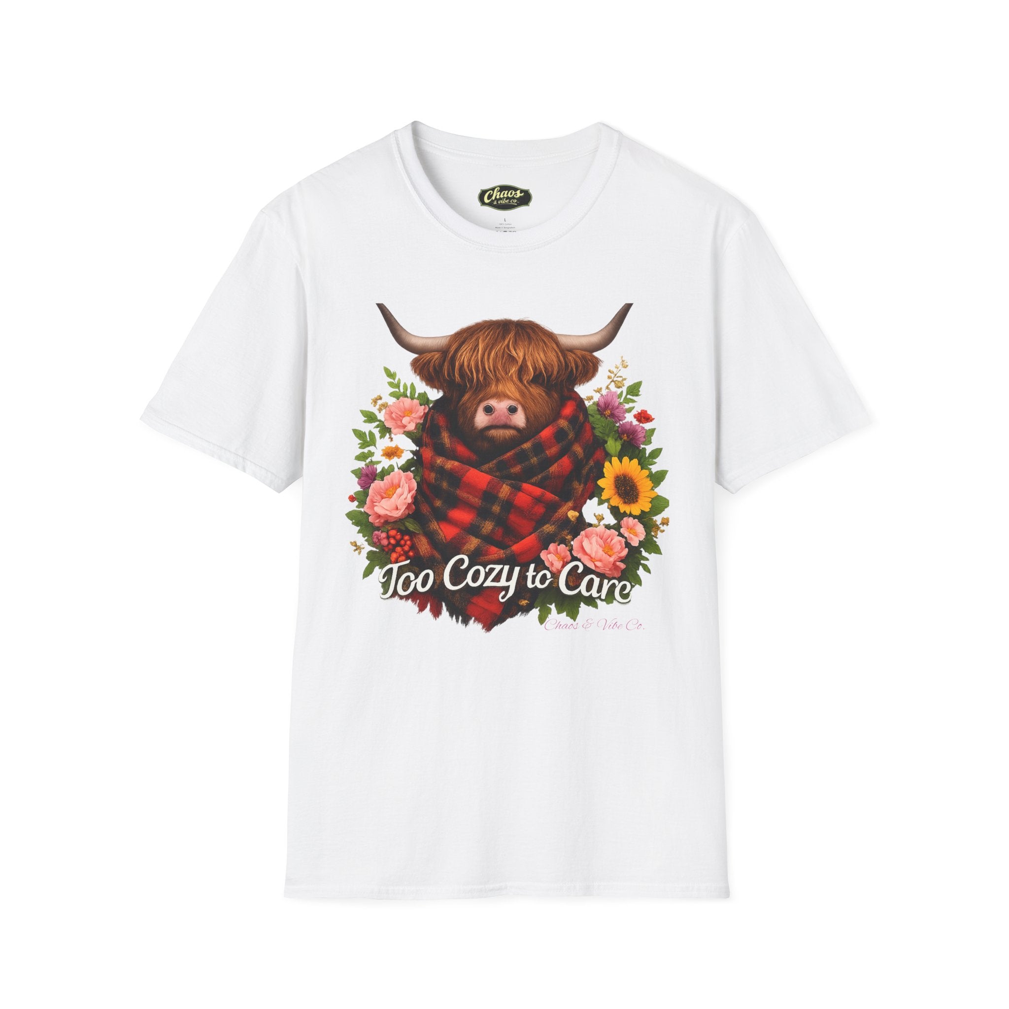 Cozy Highland Cow Too Cozy to Care T-Shirt | Plaid Scarf Floral Design