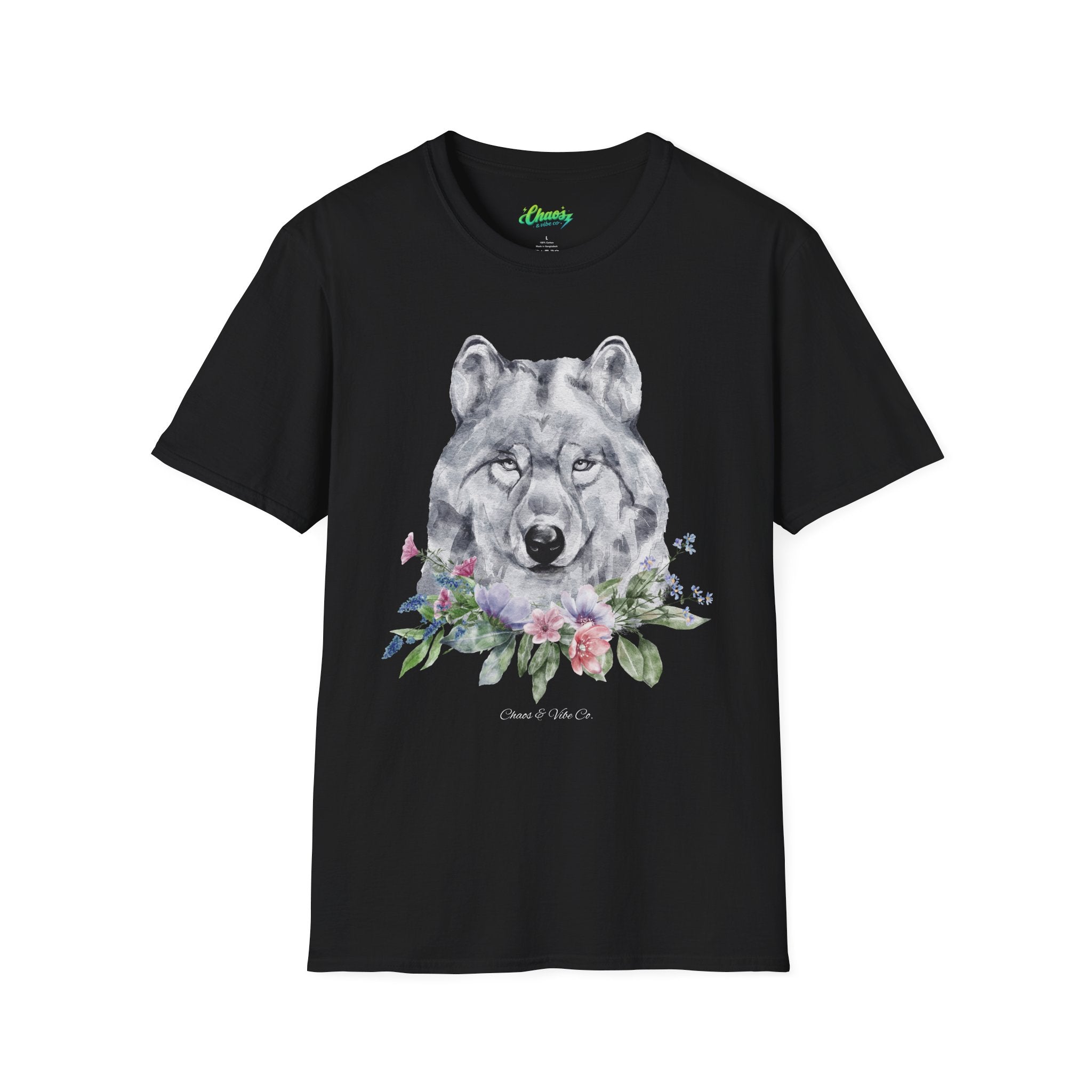 Unisex Wolf Floral T-Shirt — Watercolor Wolf Head with Flowers