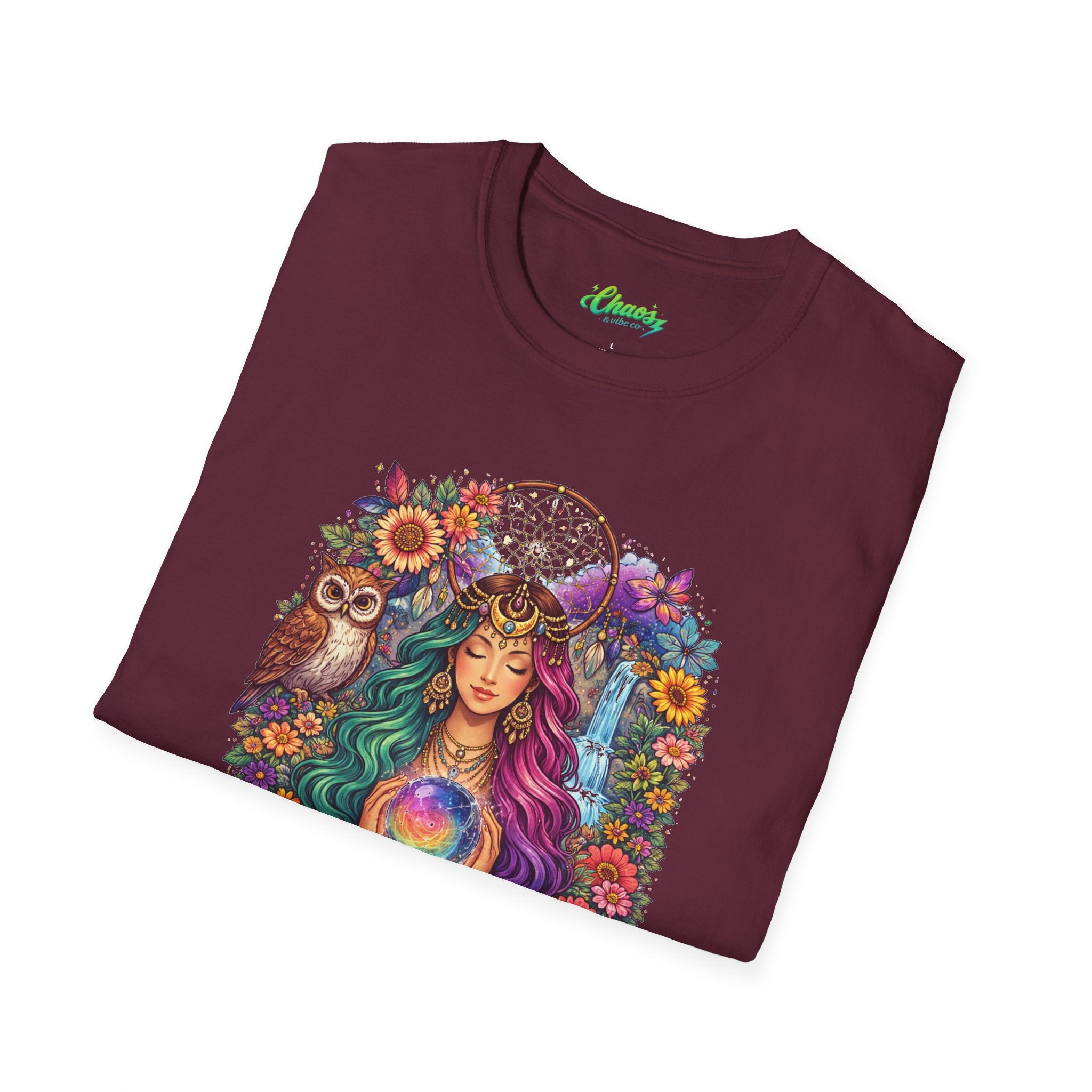 Goddess with Crystal Ball T-Shirt | Boho Mystic Woman, Owl, Dreamcatcher