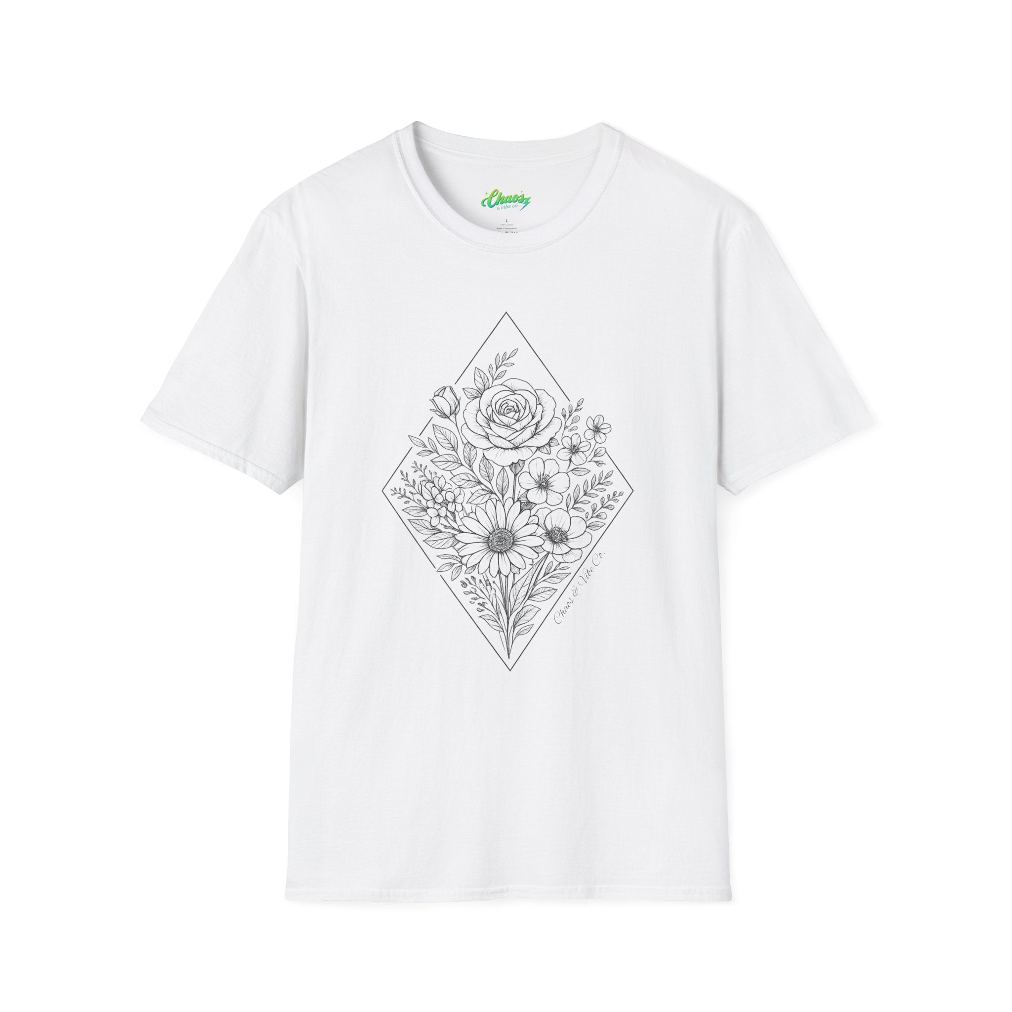 Unisex Floral Diamond Line Art T-Shirt — Botanical Sketch Graphic Tee