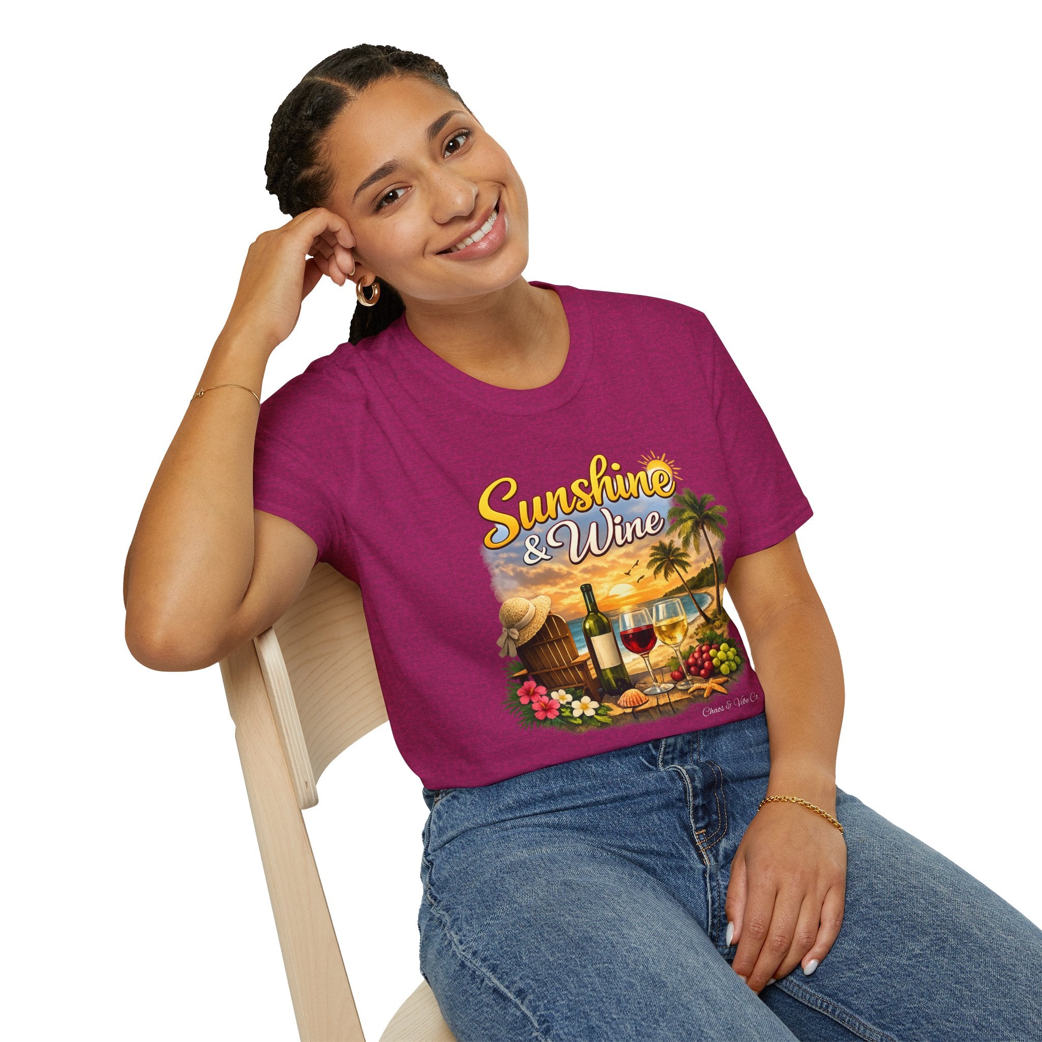 Unisex Sunshine & Wine T-Shirt | Tropical Beach, Palm Trees, Wine Glasses