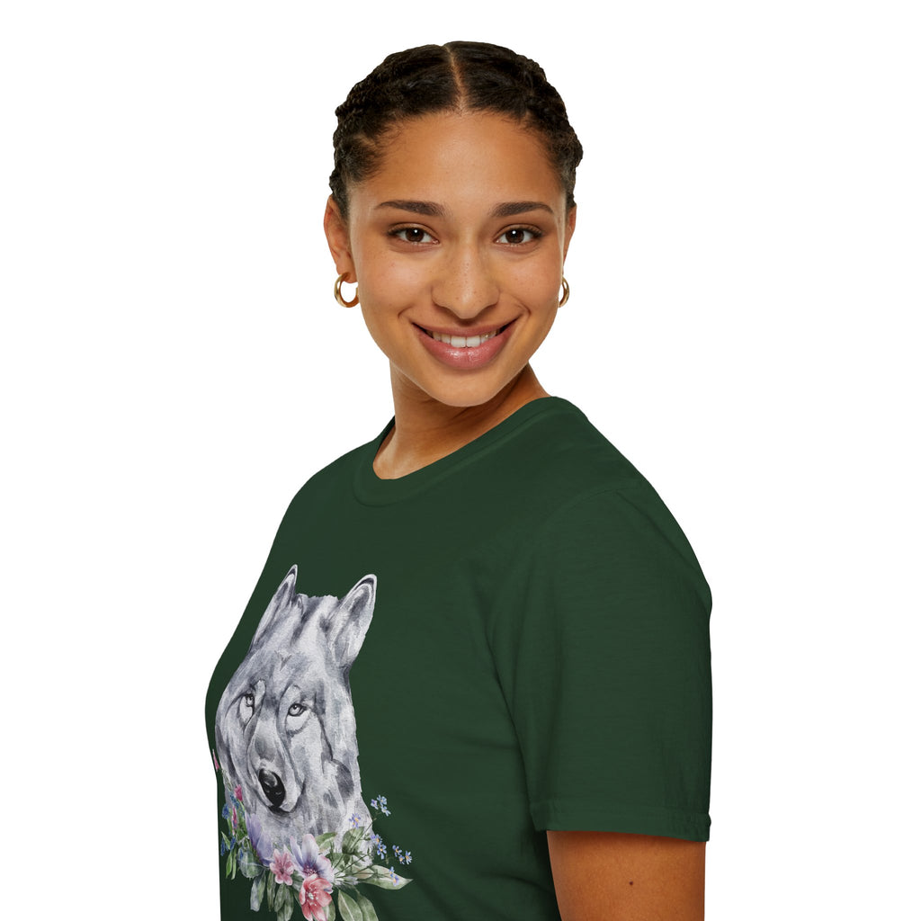 Unisex Wolf Floral T-Shirt — Watercolor Wolf Head with Flowers