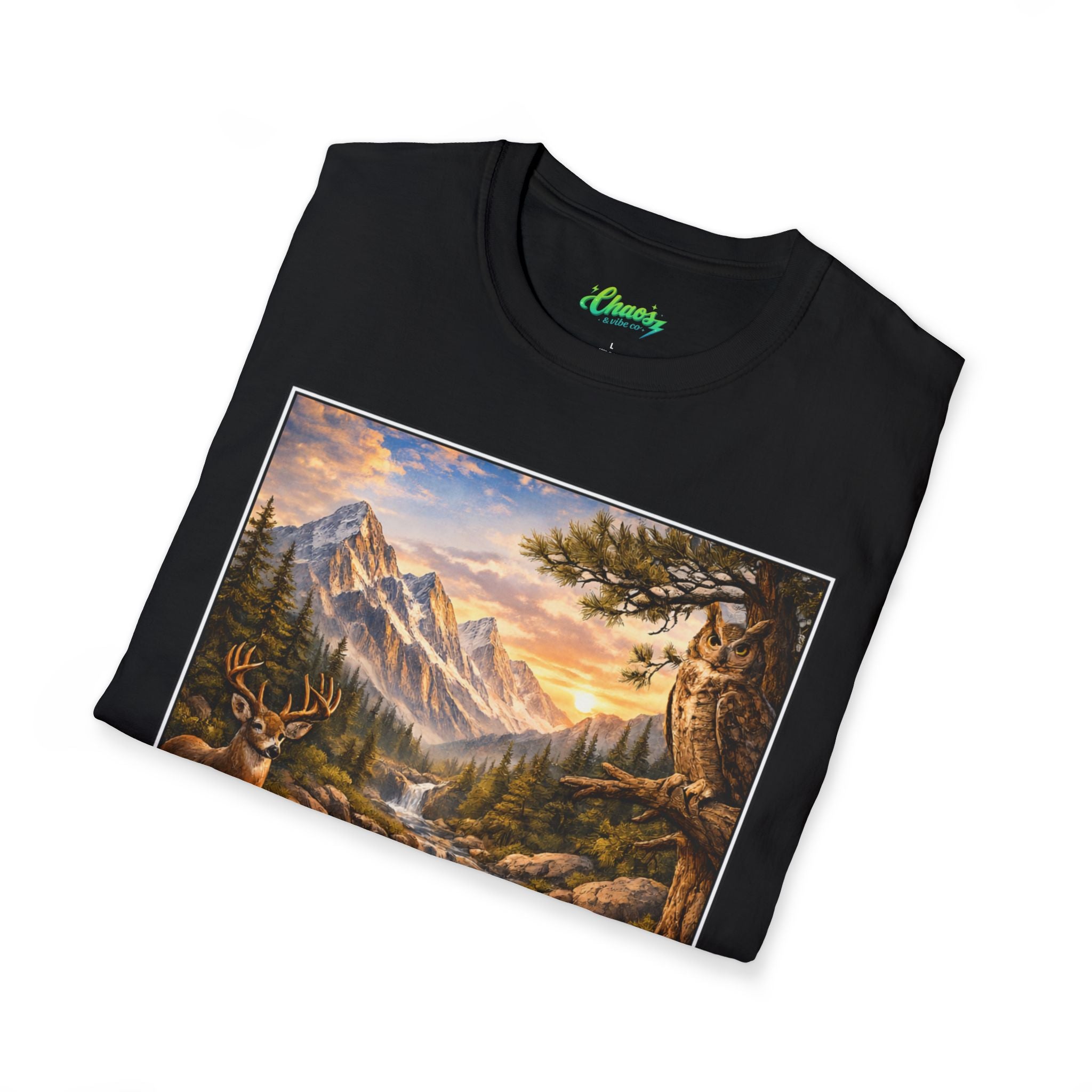 Unisex Softstyle T-Shirt mountain creek nature theme with deer and owl