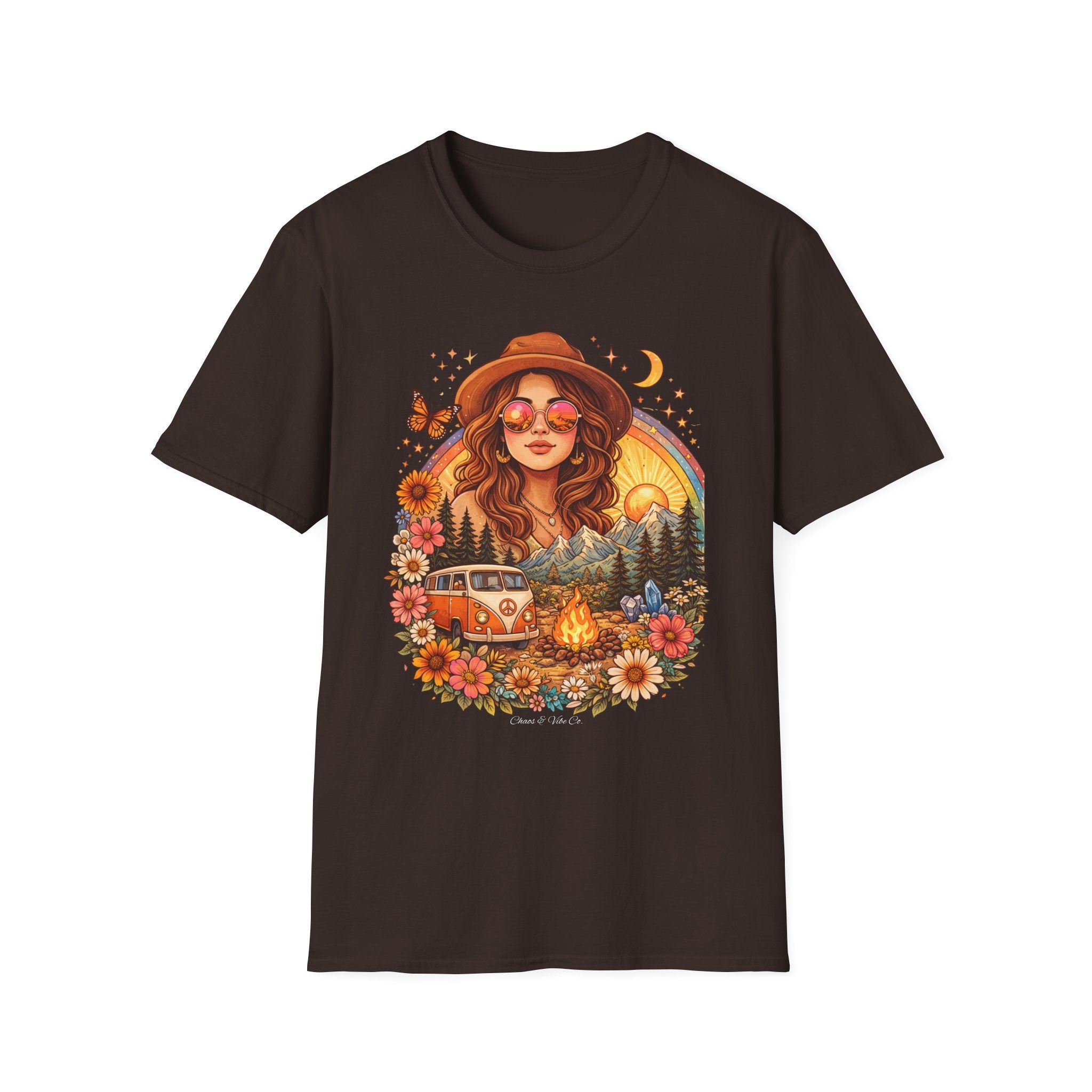 Boho Camper Girl T-Shirt | Retro Van, Campfire, Floral Sunset
