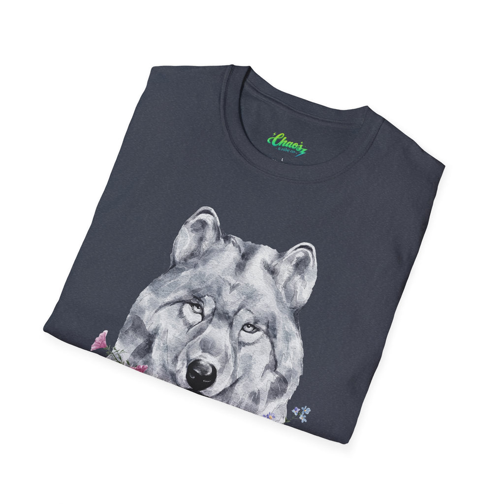 Unisex Wolf Floral T-Shirt — Watercolor Wolf Head with Flowers
