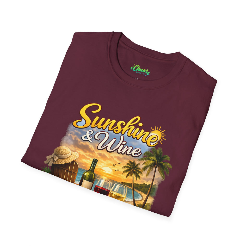 Unisex Sunshine & Wine T-Shirt | Tropical Beach, Palm Trees, Wine Glasses