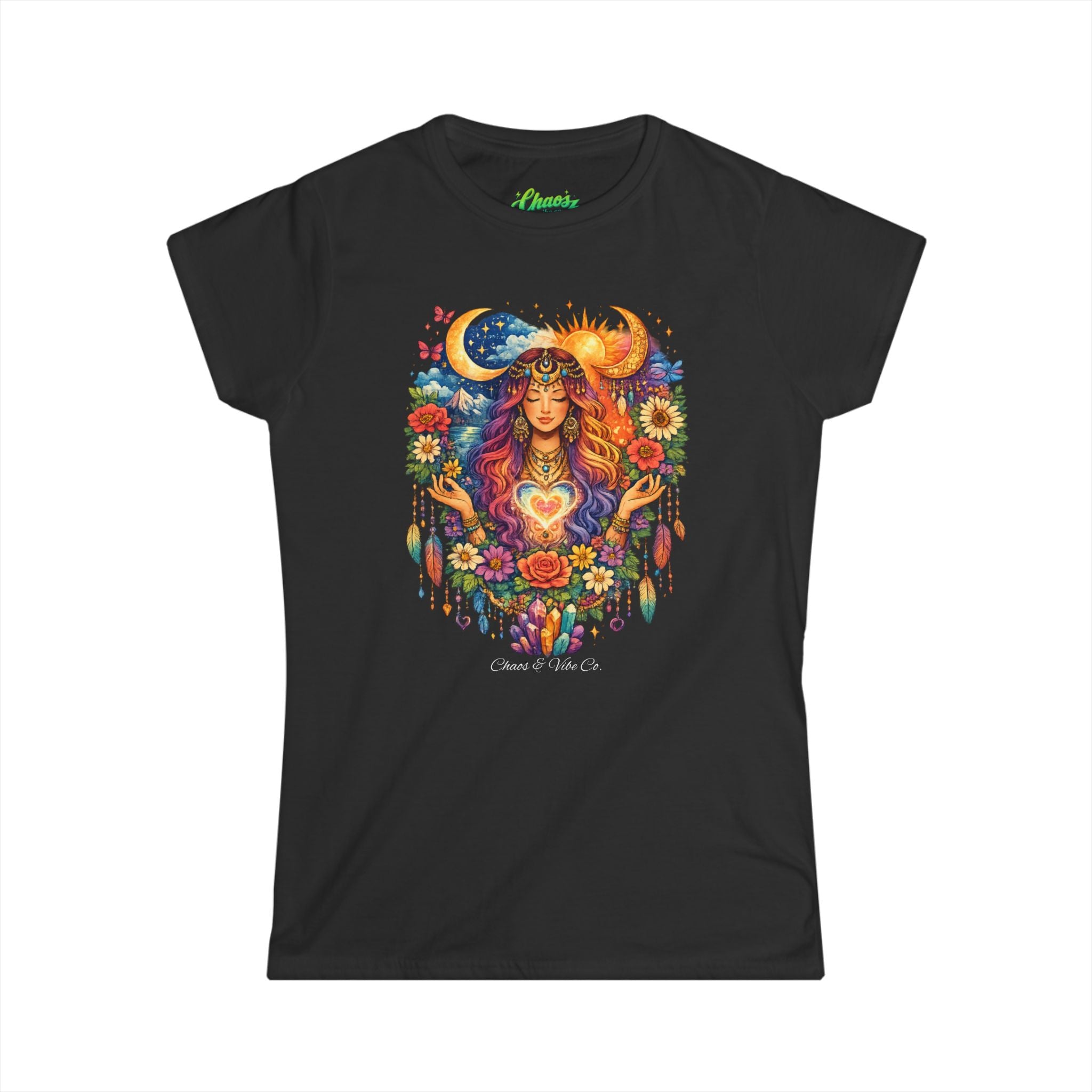 Bohemian Sun Moon Goddess Tee | Floral Heart Mandala, Dreamcatcher Vibes