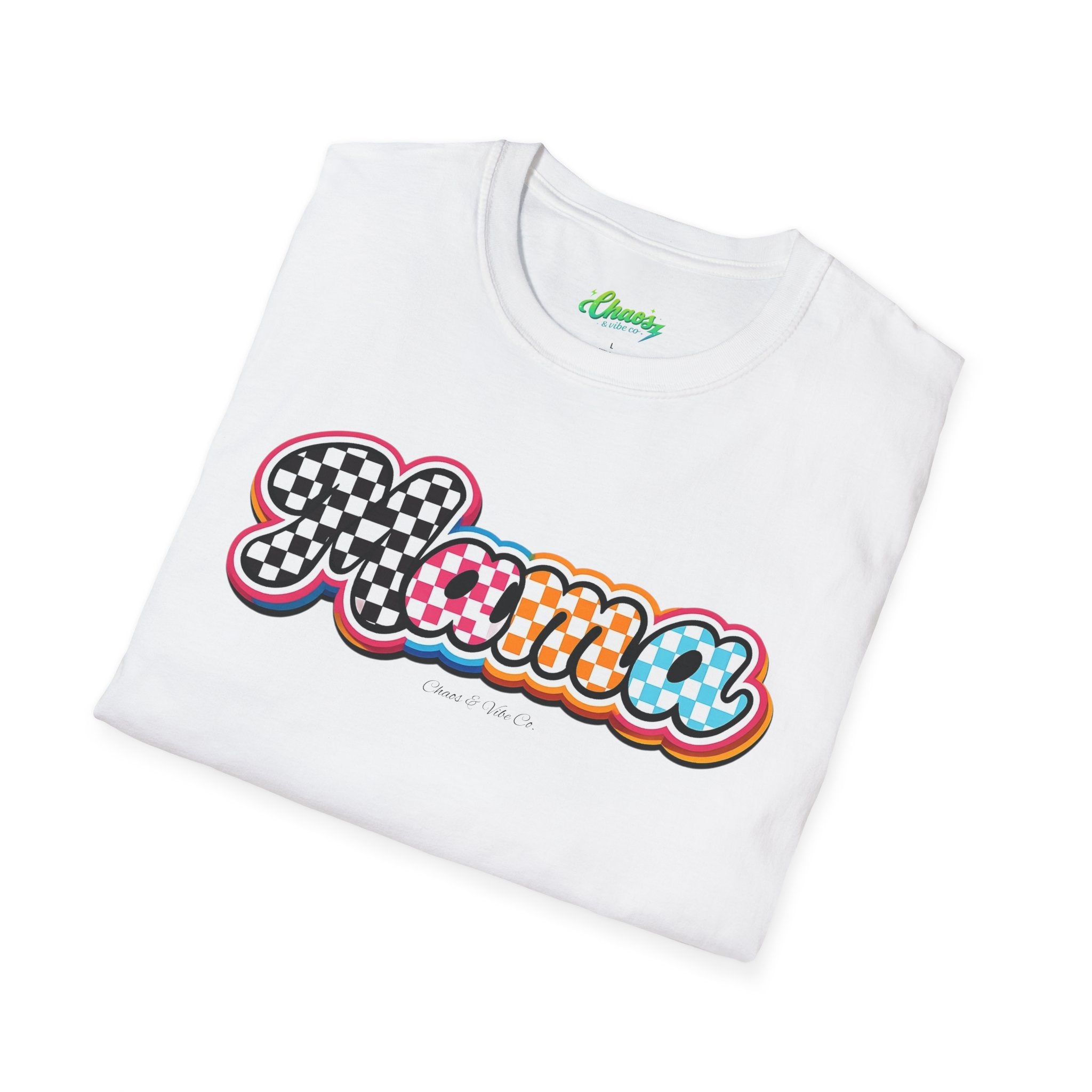 Mama Script Logo T-Shirt | Retro Checkerboard, Rainbow Bubble Letters