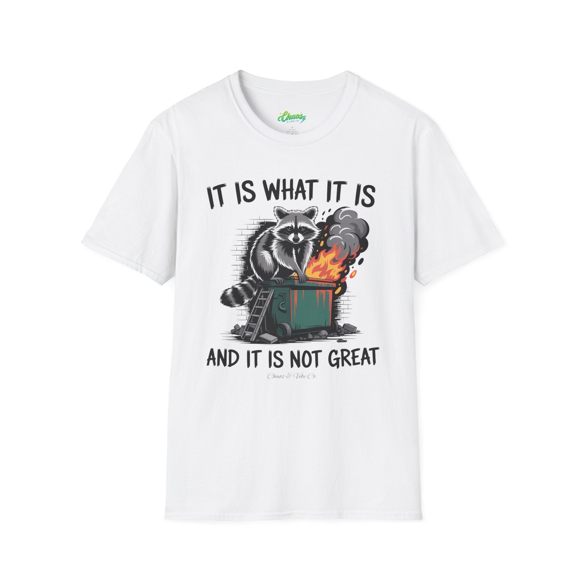 Unisex Dumpster Fire Raccoon T-Shirt – "It Is What It Is And It Is Not Great" Graphic Tee