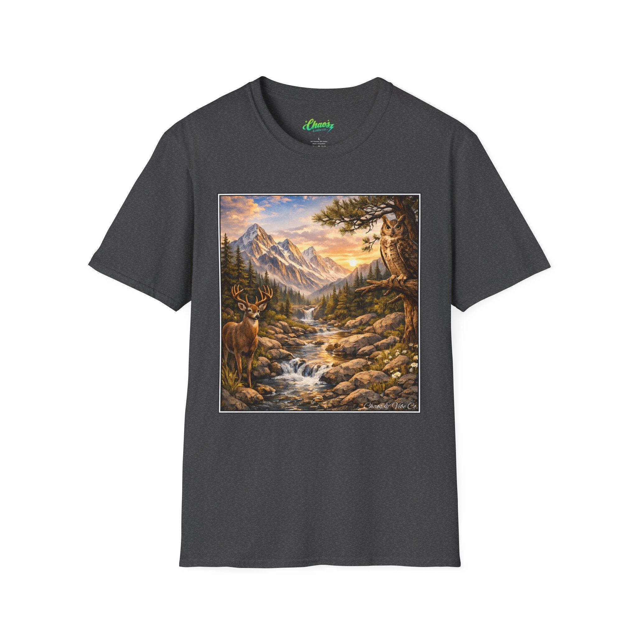 Unisex Softstyle T-Shirt mountain creek nature theme with deer and owl